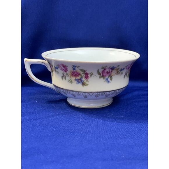 Pair of Gold Castle Teacups Rose and Blue Flower Pattern - Picture 7 of 10